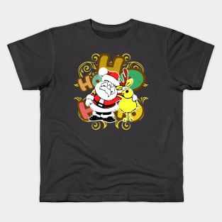 Ho ho ho Santa Claus and Rudolf the reindeer in friendly embrace in a Christmas atmosphere against the background of colorful letters Kids T-Shirt